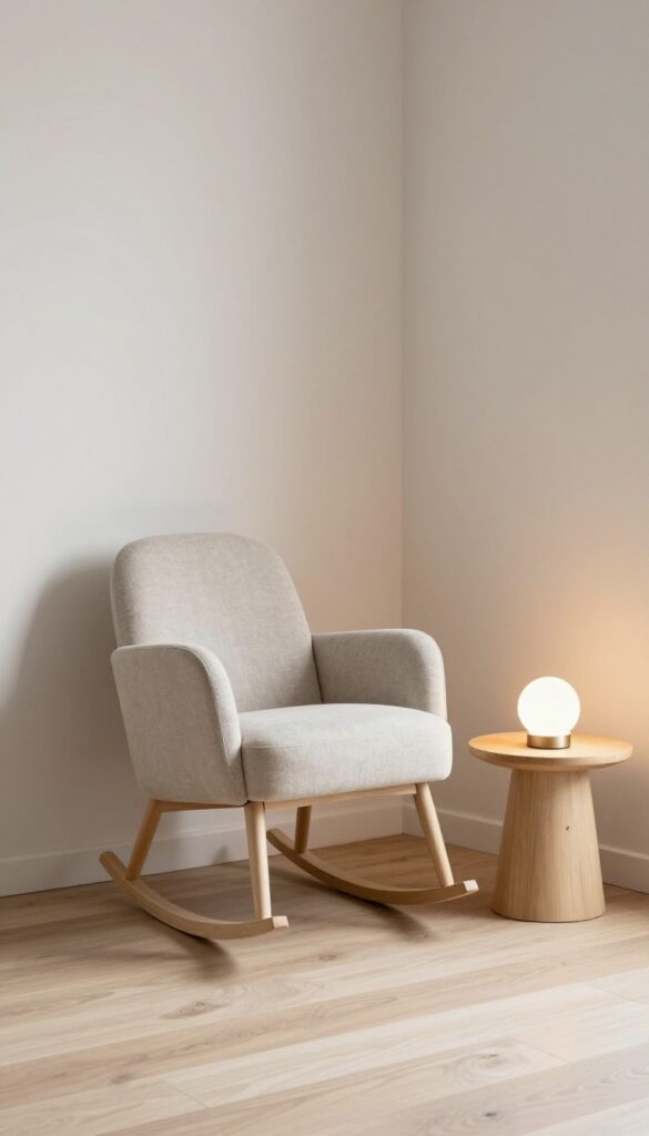 A modern rocking chair in a neutral fabric beside a small side table and floor lamp in a bright, calm room.