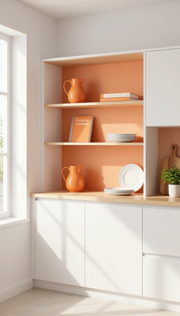 Open shelving in a white kitchen with orange back panel and curated orange accessories, plants, and wooden accents.