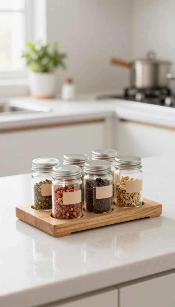 Wooden test tube rack filled with small spice jars on a kitchen counter