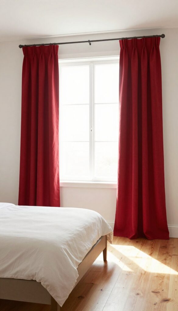 Bright bedroom with floor-to-ceiling red linen curtains framing a large window, natural light filtering through, white walls and light wood floor.