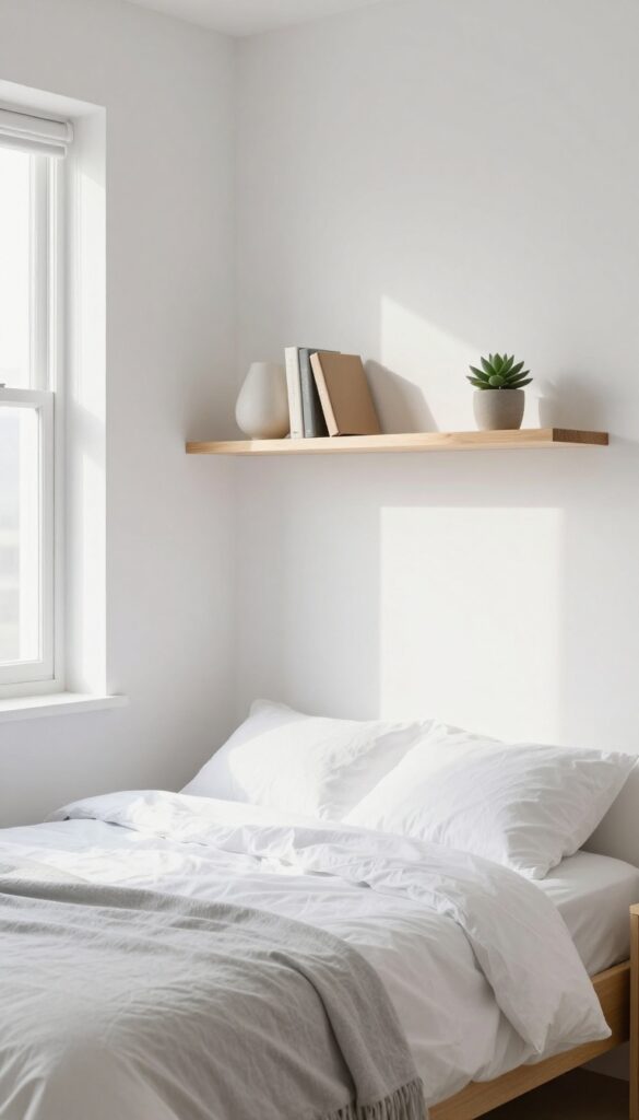 Floating shelves used as nightstands beside a bed in a small bedroom, with lamp, books, and succulent, bright natural light.