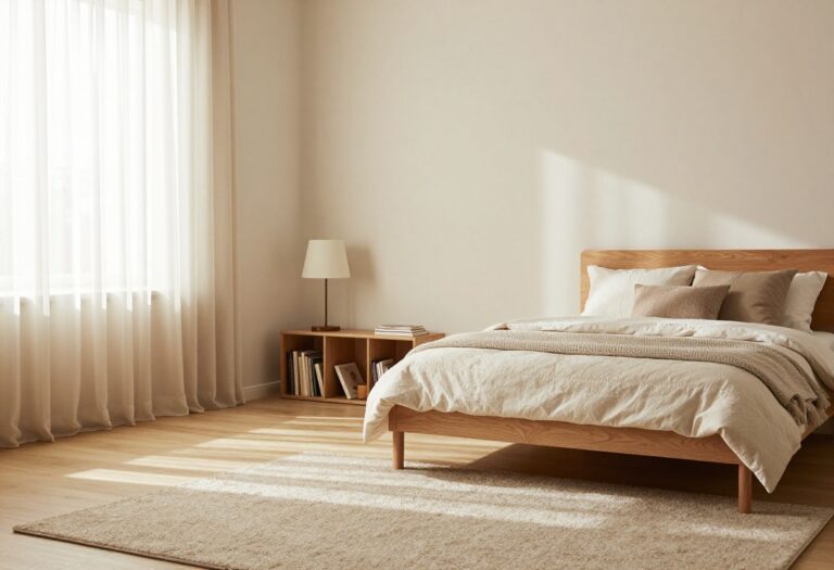 Cozy boys bedroom with warm neutral tones, layered bedding, and a reading nook