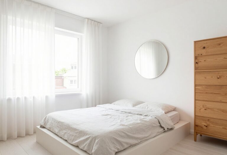Small bedroom with white walls, low bed, large mirror, and sheer curtains looking spacious and bright.