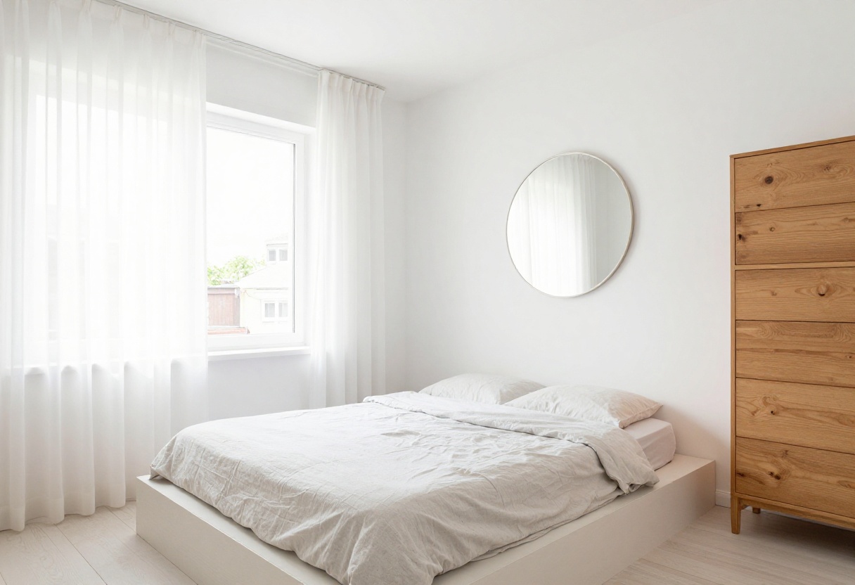 Small bedroom with white walls, low bed, large mirror, and sheer curtains looking spacious and bright.