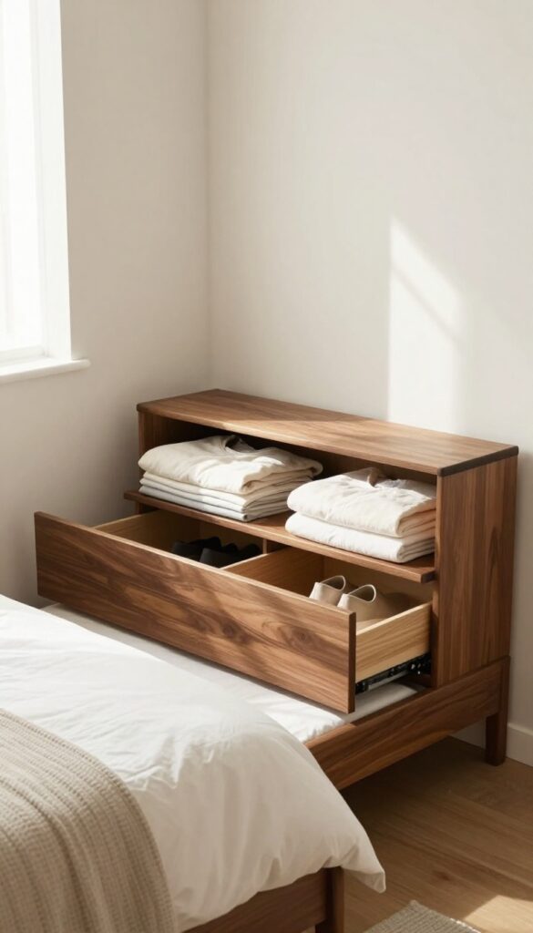 Bed risers with hidden storage drawers under a low bed in a small, bright bedroom