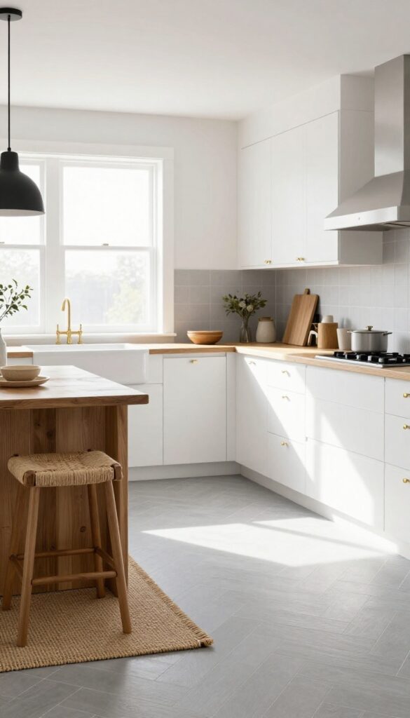 Soft gray herringbone tile floor in a bright kitchen with white cabinets, butcher block island, brass fixtures, and natural textures.