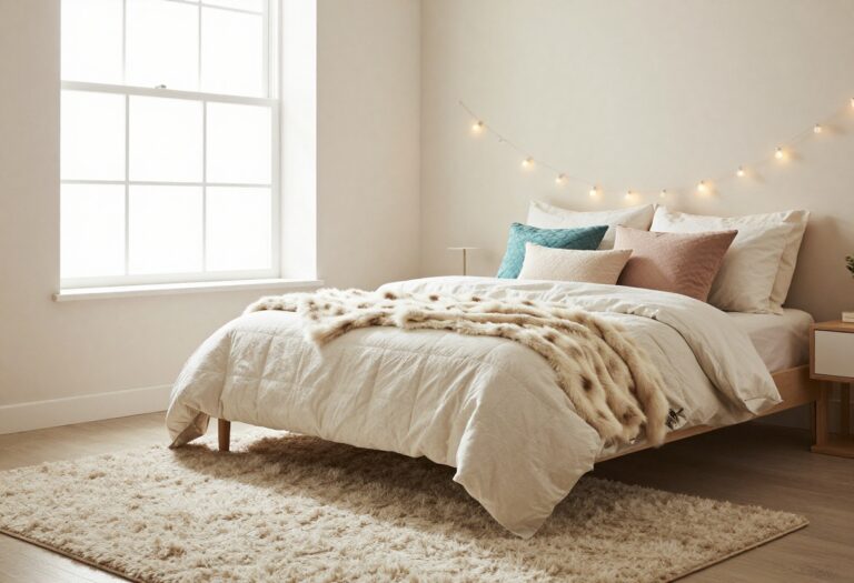 Cozy small bedroom with string lights, shag rug, and layered bedding