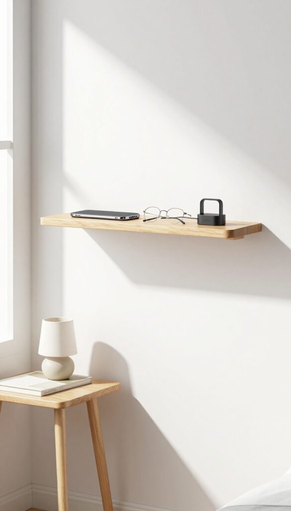 Vertical shelf above nightstand in small bedroom