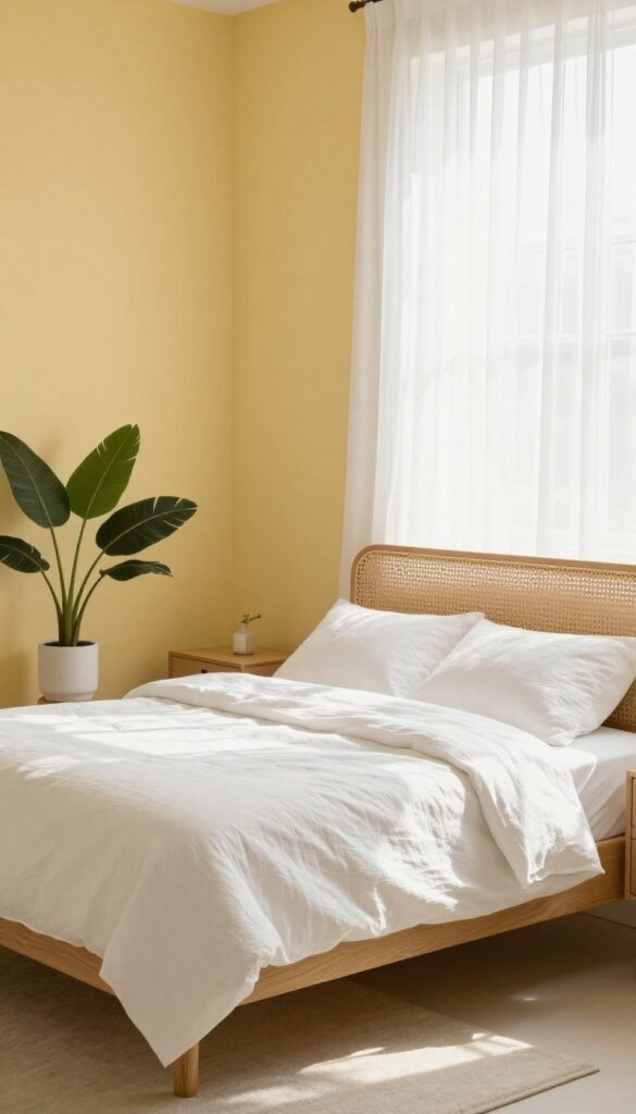 Butter-yellow accent wall in a bright bedroom with white bedding and natural wood furniture.
