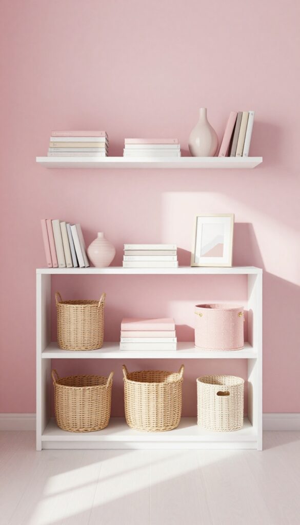 Pink bookshelf with baskets and bins in a soft feminine bedroom