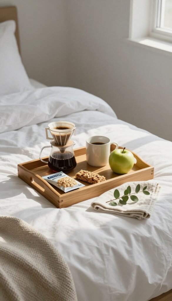 A breakfast in bed kit on a wooden tray on a guest bed with coffee, oatmeal, granola, apple, and greenery.