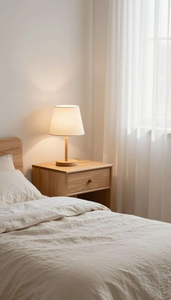 Soft ambient lighting from a fabric-shaded lamp in a cozy kids' bedroom