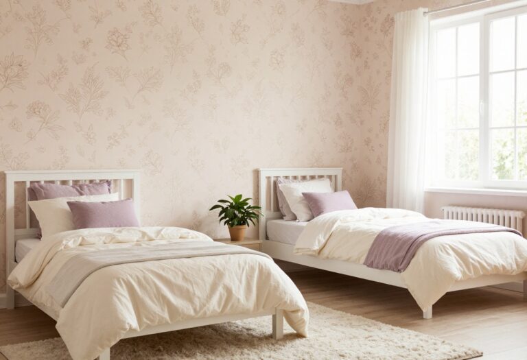 Cozy girls bedroom with soft blush floral wallpaper accent wall, white bed, and warm natural light