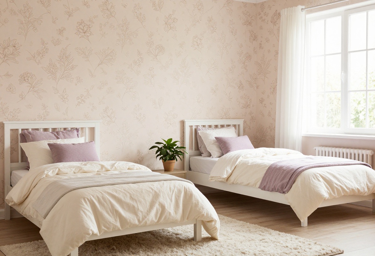 Cozy girls bedroom with soft blush floral wallpaper accent wall, white bed, and warm natural light