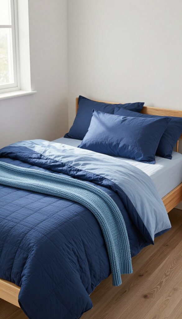 Cozy boy's bedroom with layered textured blue bedding including navy quilted coverlet, sky blue knit throw, and indigo pillows, soft natural light, clean composition.