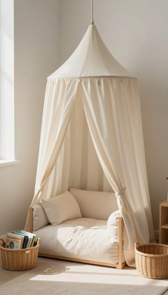 Cozy reading nook with canopy in toddler boy's bedroom