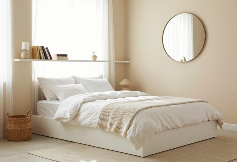Small guest bedroom with soft bedding, floating shelves, and a round mirror