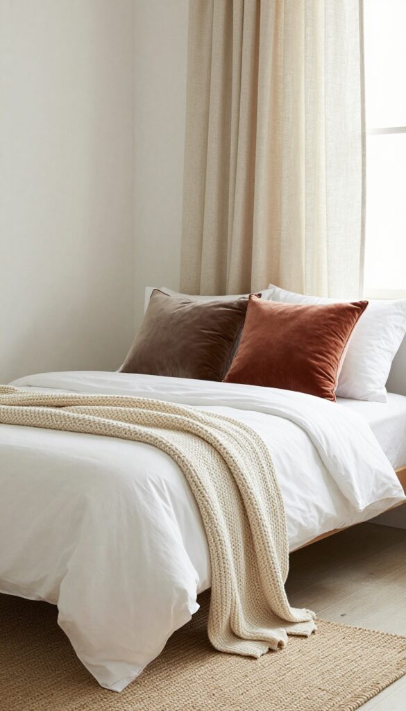 Small bedroom with textured layers including chunky knit throw, velvet pillows, linen curtains, and jute rug in warm neutral tones.