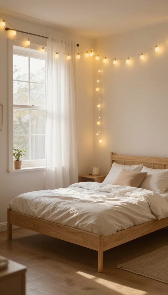 Boy's bedroom with warm white fairy lights suspended above bed, soft glow, cozy atmosphere