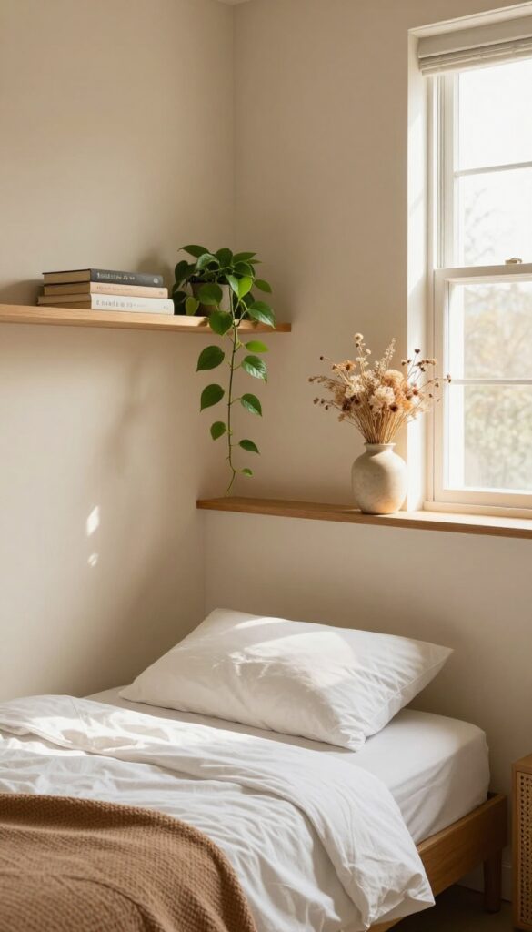 Floating shelves above a bed with books, plant, and vase in a cozy small bedroom