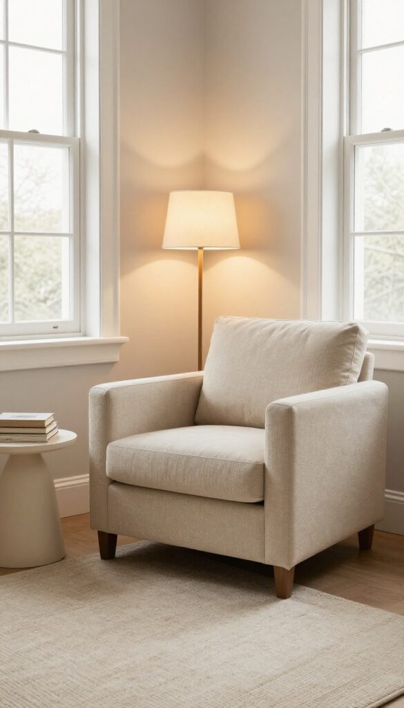 Cozy reading nook in a neutral guest bedroom with armchair and floor lamp