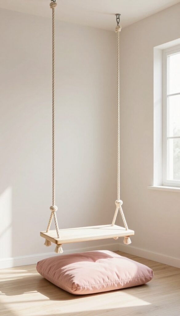 Small kids bedroom with a hanging swing chair in the corner, floor cushion, natural light, minimalist decor.