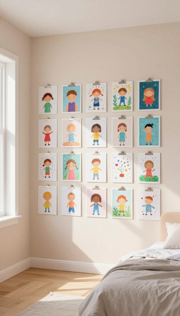 Gallery wall with children's artwork in budget frames and clipboards in a bright, minimalist kids bedroom