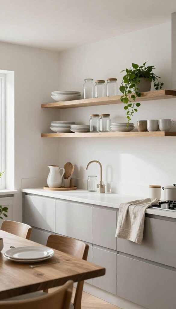 Open shelf pass through with floating shelves displaying white dishes, glass jars, and plants in a bright modern kitchen.