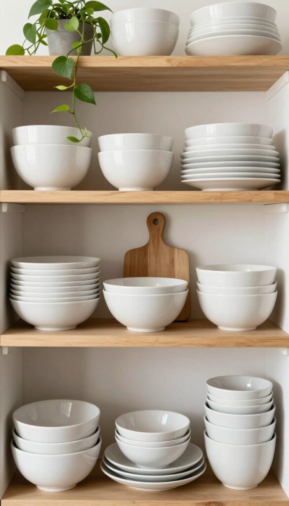 Open kitchen shelf with stacked white and gray dinnerware, wooden cutting boards, and a trailing plant
