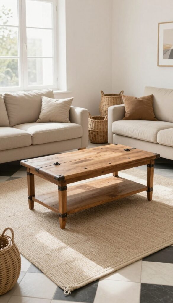Living room with checkerboard tile floor and trunk-style coffee table