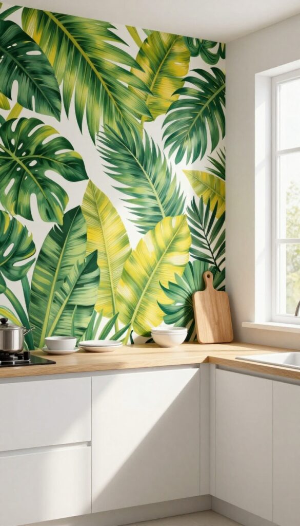 Kitchen with tropical leaf patterned accent wall behind stove, neutral cabinets and countertop, natural light.