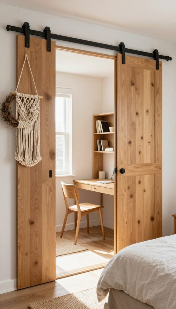 Guest bedroom with a sliding barn door and a compact desk and bookshelf inside, freeing floor space.