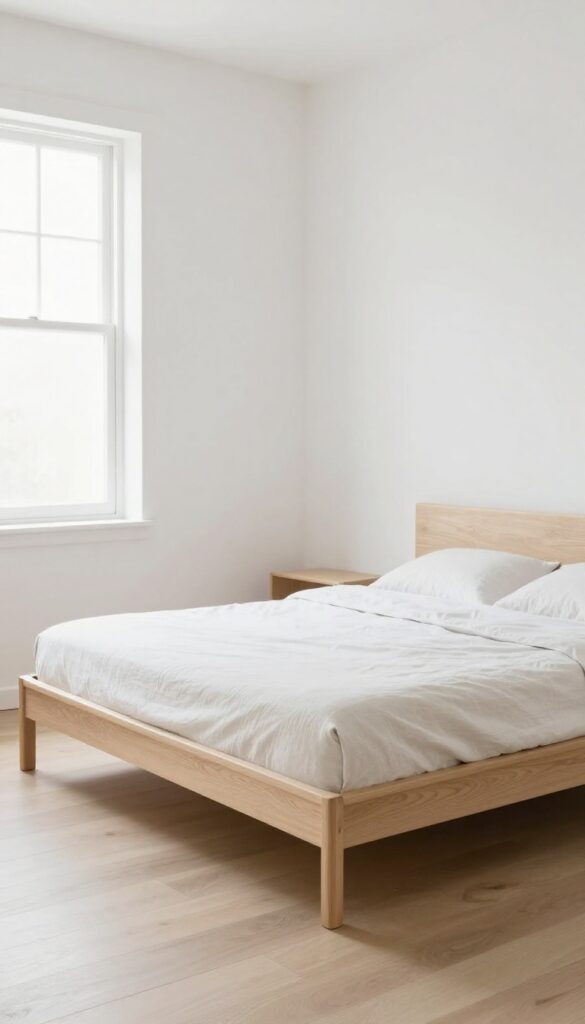 Minimalist bedroom with low-profile bed frame, light wood, neutral linens, bright natural light, clean and airy feel