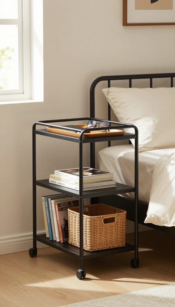 A slim black metal rolling cart used as a mobile nightstand beside a bed in a small bedroom, holding a tray with phone and glasses on top and books and a basket on the lower shelf.