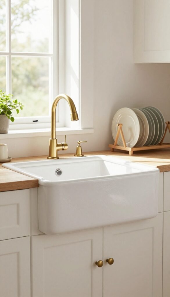 White farmhouse apron sink with brass gooseneck faucet, wooden drying rack, and small plant in a bright kitchen