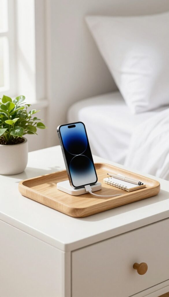 A guest room nightstand with a tray containing a phone stand, charging cable, notepad, pen, and a small potted plant in natural light.
