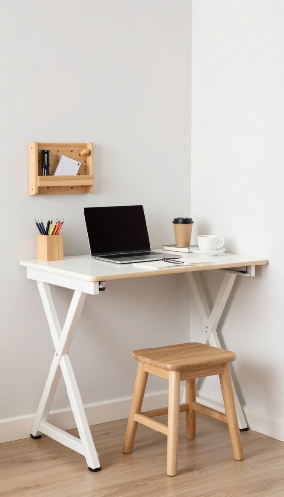 A small bedroom featuring a wall-mounted fold-down desk with a laptop and accessories, blending seamlessly into the wall.