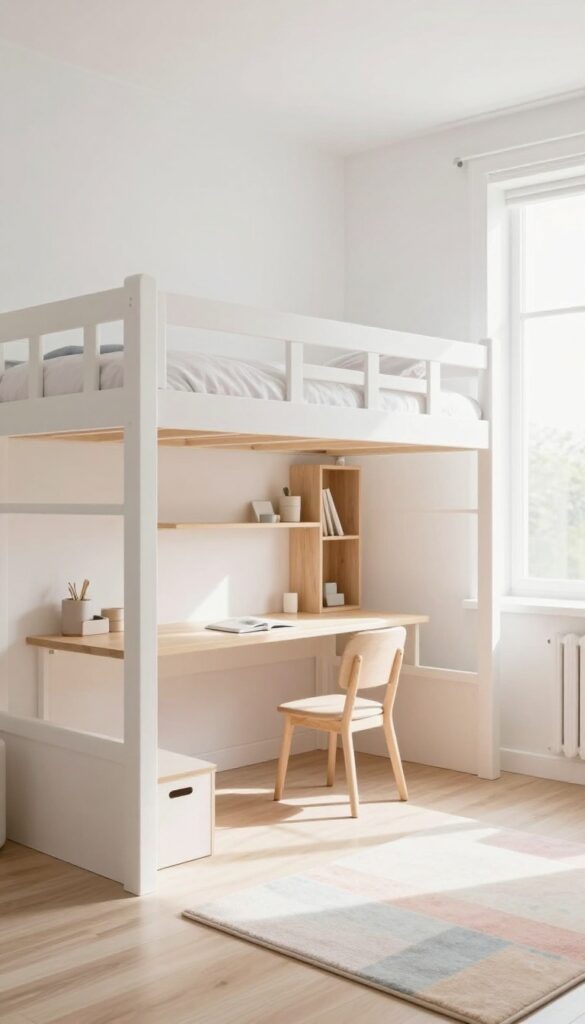 Loft bed with built-in desk and shelves in a light and airy kids bedroom