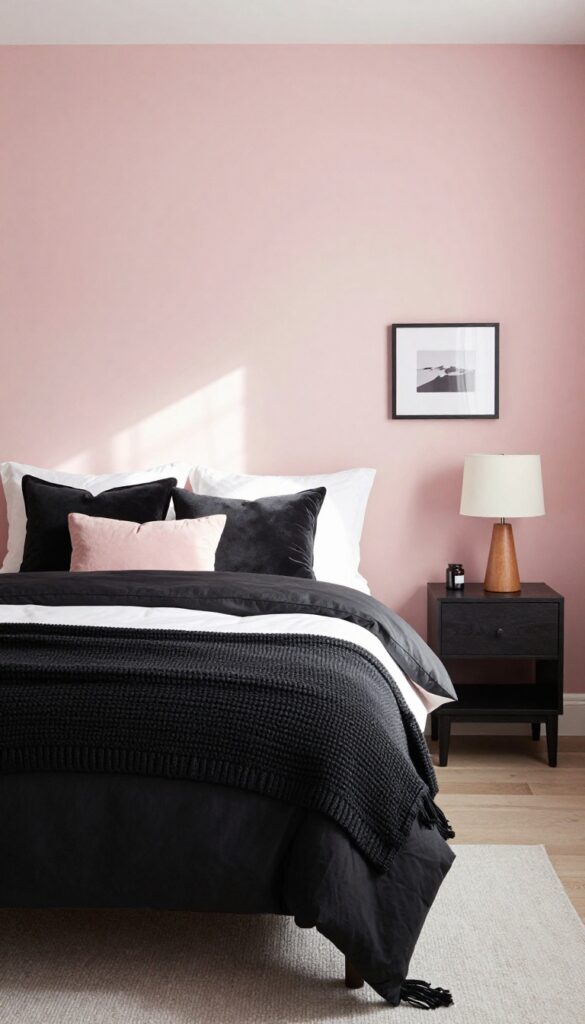Blush pink walls with black bedding in a bright bedroom