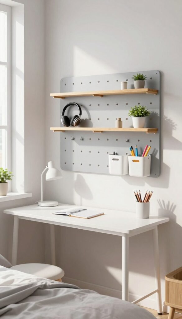 Teen bedroom desk with pegboard organization system holding shelves, hooks, and bins, bright natural light.