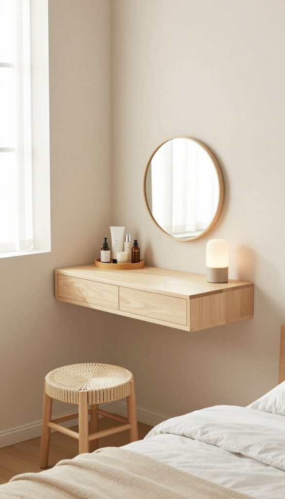 Wall-mounted floating vanity in a small bedroom with round mirror and stool