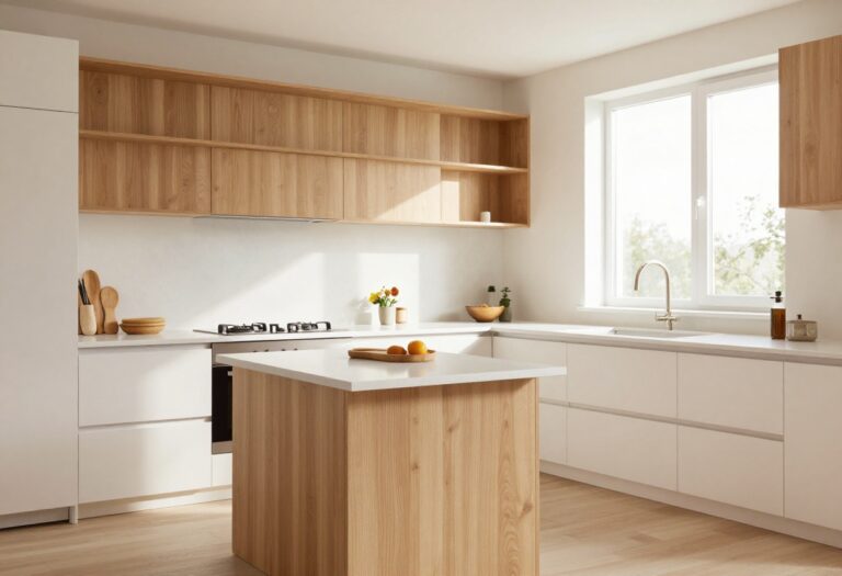 Modern kitchen with light wood open shelving and butcher block island
