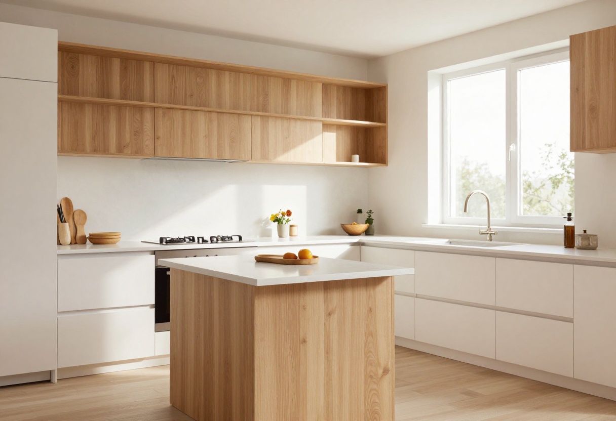 Modern kitchen with light wood open shelving and butcher block island