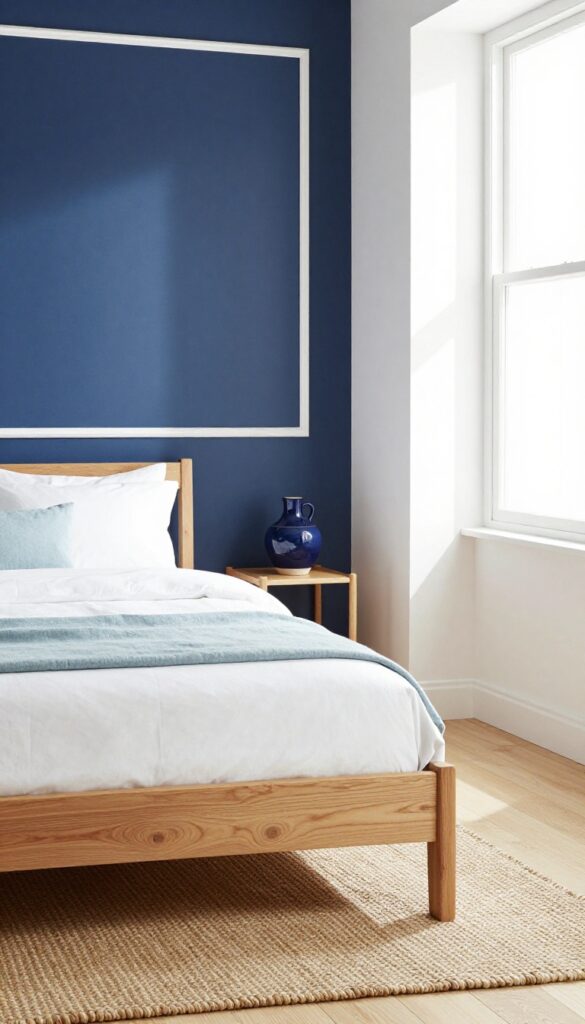 Bright bedroom with navy accent wall, white trim, natural wood furniture, and soft blue bedding.