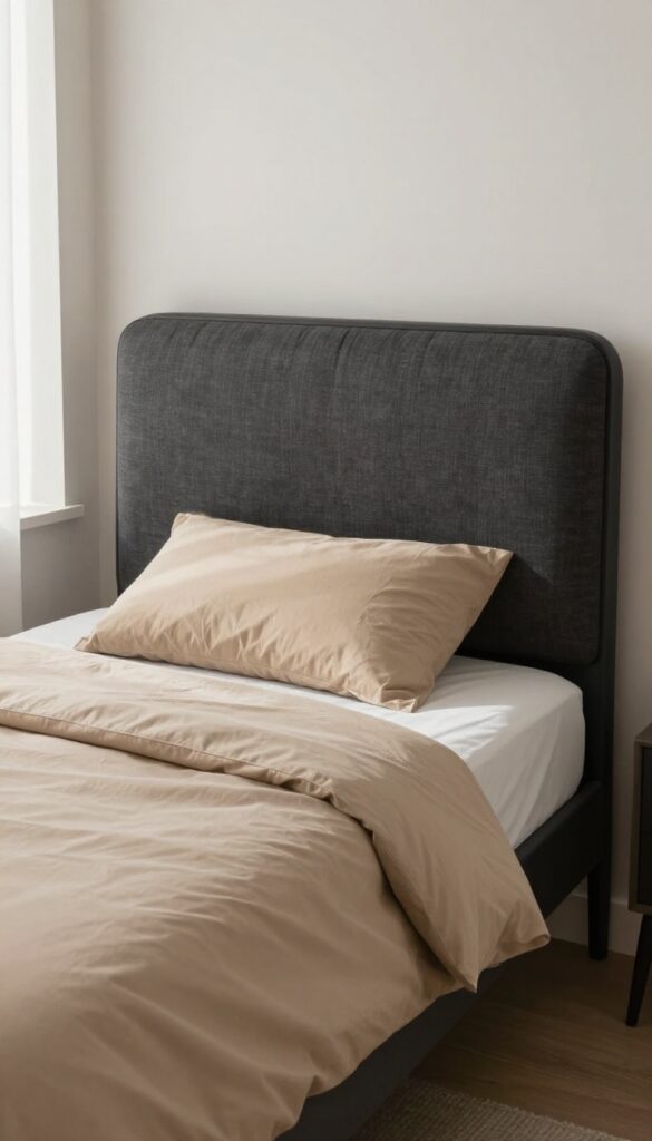 Teenage boy's bedroom with a textured charcoal linen headboard, simple bedding, and natural light.