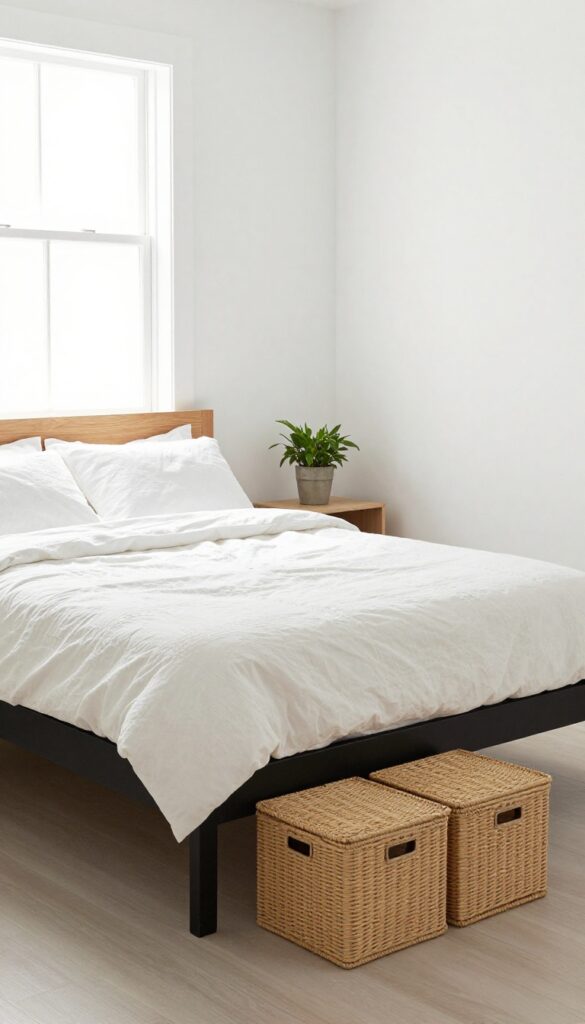Bedroom with raised bed and storage bins underneath