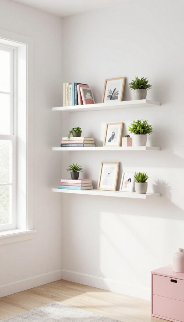 Floating shelves in a zigzag pattern on a white wall in a girl's bedroom, displaying books and plants.