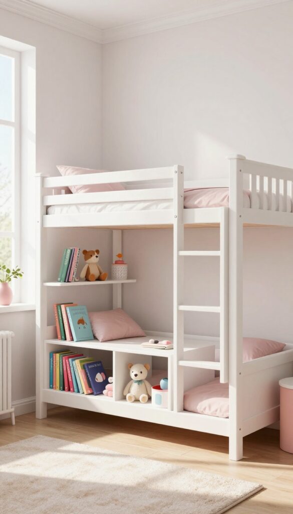 A white bunk bed with built-in bookshelves in a bright girls' bedroom, filled with books and toys, natural light, clean and modern.