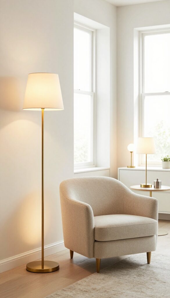 Guest room with layered lighting including a floor lamp, bedside lamp, and accent lamp on a dresser.