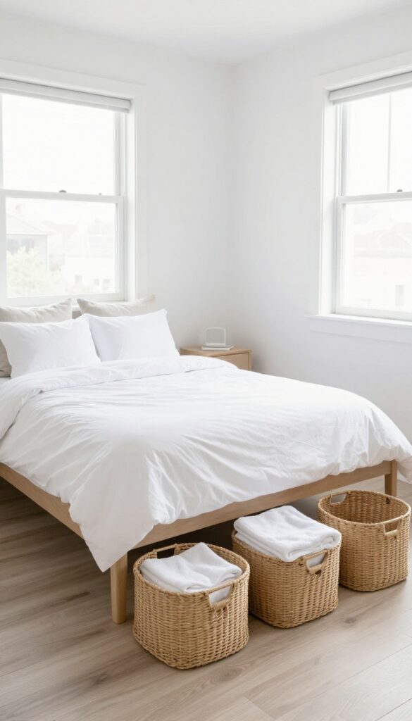 Small guest bedroom with under-bed storage bins holding extra linens, bright and tidy.